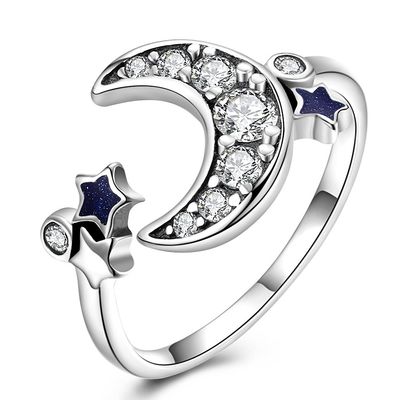 Köstlicher Stern und Crescent Moon Open Ring 925 Sterling Silver For Women Teen-Mädchen Crystal Eternity Rings