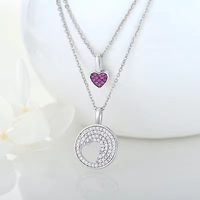 YASVITTI Großhandel Rhodiumplattiert 925 Sterling Silber Zirkon Schmuck kundenspezifisch Romantic Pink Heart Bling Charm Halskette