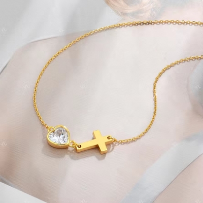 YASVITTI Bezel Herz Kubik Zirkonia Halskette 925 Silber Klassiker Kreuz Einfache Halskette 18K Gold beschichtet Großhandel Fabrik