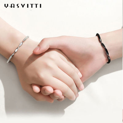 8.7in 7g Sterling Silver Jewelry Bracelets 3A CZ Schwarz-Schnur-Armband