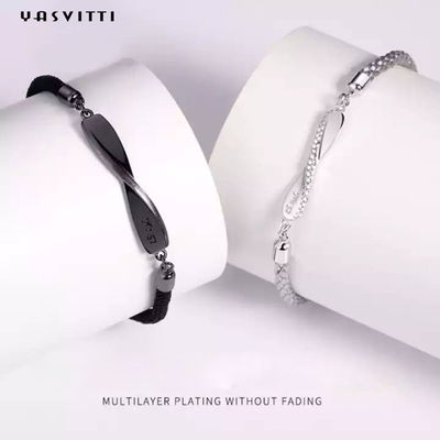 8.7in 7g Sterling Silver Jewelry Bracelets 3A CZ Schwarz-Schnur-Armband