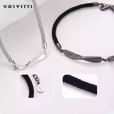 8.7in 7g Sterling Silver Jewelry Bracelets 3A CZ Schwarz-Schnur-Armband