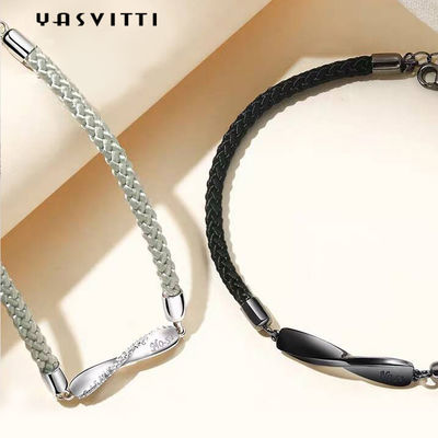 8.7in 7g Sterling Silver Jewelry Bracelets 3A CZ Schwarz-Schnur-Armband