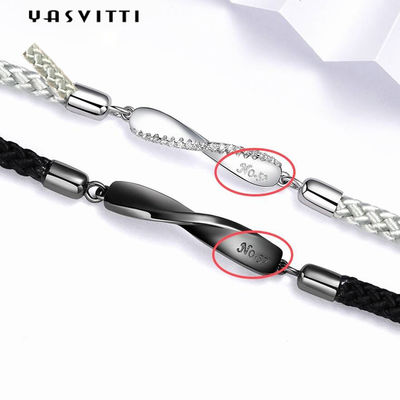 8.7in 7g Sterling Silver Jewelry Bracelets 3A CZ Schwarz-Schnur-Armband