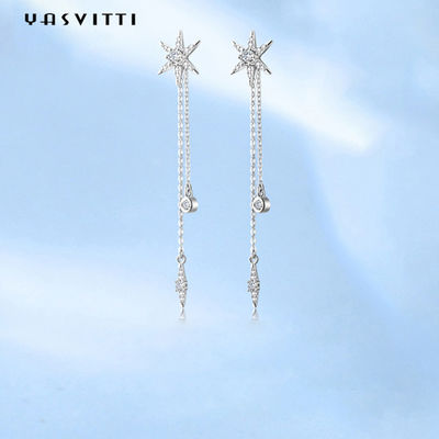 73.5mm 0.1oz Sterling Silver Jewelry Earrings S925 silberner Stern Diamond Tassel Earrings