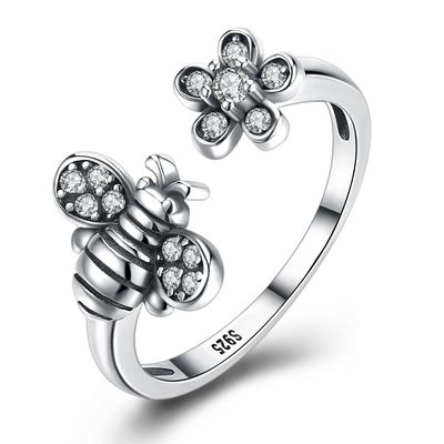 Justierbare Bienen-netter Blumen-Ring Sterling Silvers 925