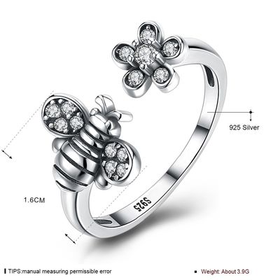 Justierbare Bienen-netter Blumen-Ring Sterling Silvers 925
