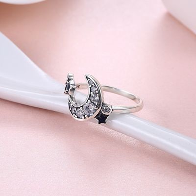 Köstlicher Stern und Crescent Moon Open Ring 925 Sterling Silver For Women Teen-Mädchen Crystal Eternity Rings