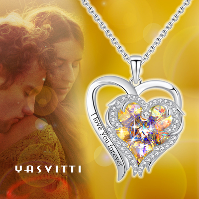0.79x0.98in Sterling Silver Double Heart Necklace Austrian crystal gelber Kristall