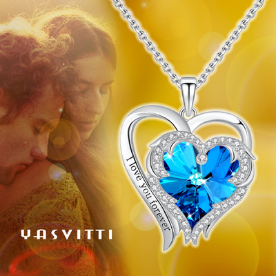 0.79x0.98in doppelte blauer Kristall 925 Sterling Silver Herz-Kreuzkette Austrian crystal